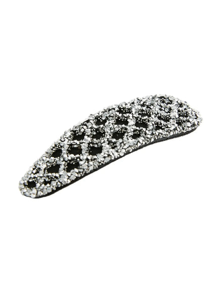 Hazel Cubic Hair Pin IL503 silver close-up single clip angled view showcasing bright silver crystal rhinestone lattice snap barrette