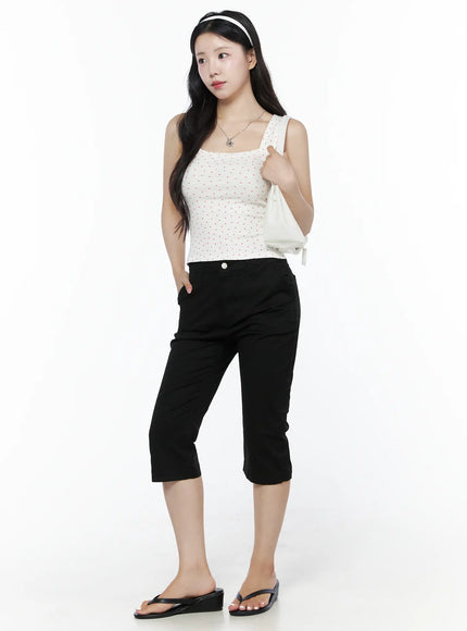 Heart Polka Dot Tank Top IU525 White full-body front shot on model styled with black capri pants and white bag, showing fitted silhouette