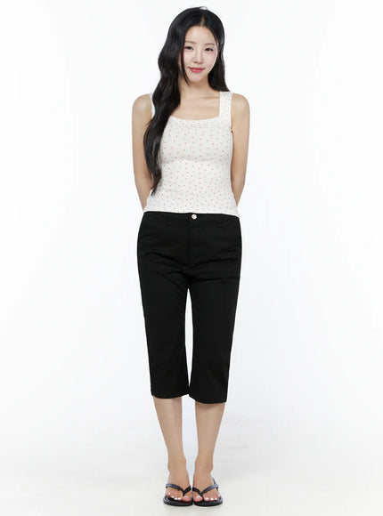 Heart Polka Dot Tank Top IU525 White full-body front on smiling model with black capri pants and flip-flops, showing clean square neckline and slim fit