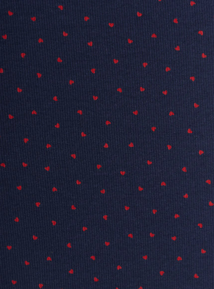 Heart Polka Dot Tank Top IU525 Navy close-up fabric detail showing scattered red heart print on navy ribbed knit texture
