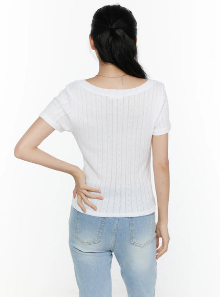 Henley Short Sleeve Tee CL521 White back shot model showing pointelle ribbed knit texture round back neckline and fitted short-sleeve silhouette paired with light blue jeans