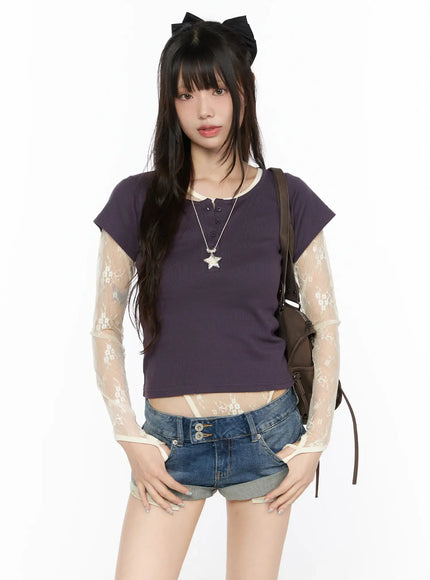 LEWKIN Henley Short Sleeve Tee CL523 Purple front view on model wearing denim shorts and backpack, ribbed crop tee with cream lace sleeves and button placket