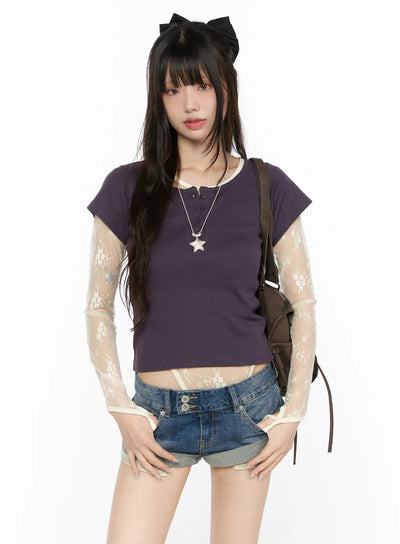 LEWKIN Henley Short Sleeve Tee CL523 Purple front view on model wearing denim shorts and backpack, ribbed crop tee with cream lace sleeves and button placket