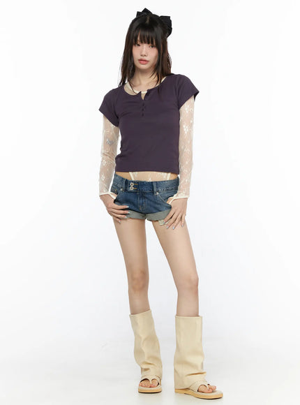 Henley Short Sleeve Tee CL523 Purple full-body front view on model standing with cream floral lace sleeves layered under ribbed crop tee, styled with shorts and leg warmers
