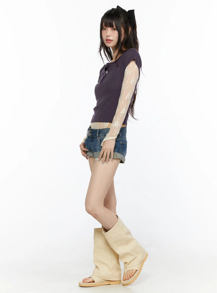 Henley Short Sleeve Tee CL523 Purple side view on model facing left showing slim ribbed body and sheer floral lace sleeve contrast, paired with denim shorts