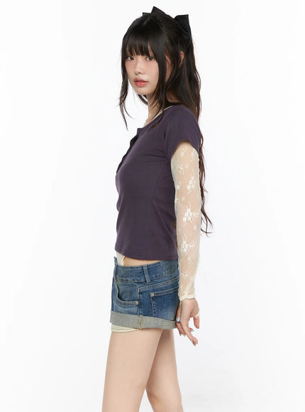 Henley Short Sleeve Tee CL523 Purple side view on model facing right showing ribbed crop silhouette and sheer cream floral lace sleeve layering detail