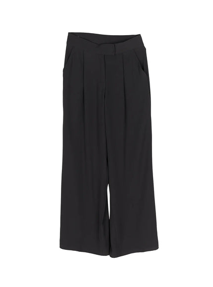 Hidden Buckle Wide Leg Tailored Pants IL506 Black flat-lay front view showing asymmetric waistband, center pleat and wide-leg trouser silhouette