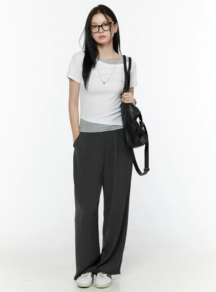 Hidden Buckle Wide Leg Tailored Pants IL506 Dark gray full-length front model shot styled with white fitted tee and black backpack with hands in pockets