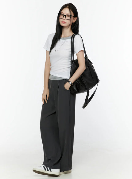 LEWKIN Hidden Buckle Wide Leg Tailored Pants IL506 Dark gray front full-length model shot styled with white tee and black shoulder bag