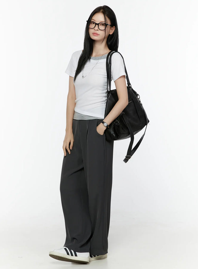 LEWKIN Hidden Buckle Wide Leg Tailored Pants IL506 Dark gray front full-length model shot styled with white tee and black shoulder bag