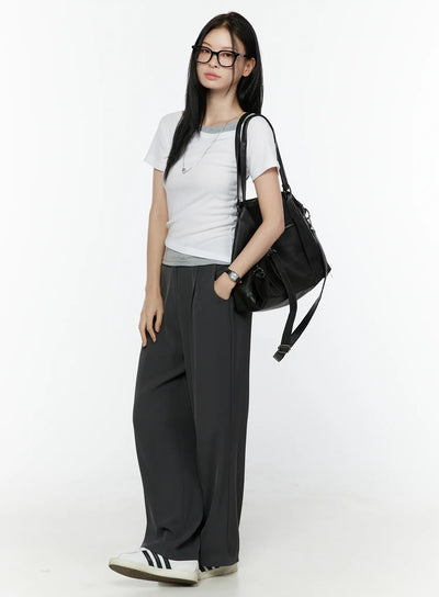 LEWKIN Hidden Buckle Wide Leg Tailored Pants IL506 Dark gray front full-length model shot styled with white tee and black shoulder bag
