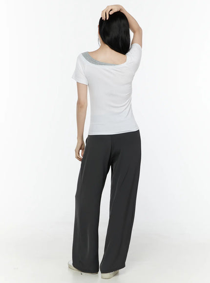 Hidden Buckle Wide Leg Tailored Pants IL506 Dark gray full-length back model shot with model lifting hair revealing back seam and wide-leg silhouette