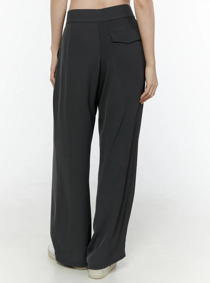 Hidden Buckle Wide Leg Tailored Pants IL506 Dark gray back model shot showing smooth back panel, flap back pocket and wide-leg hem