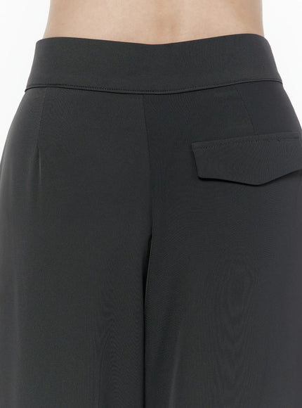 Hidden Buckle Wide Leg Tailored Pants IL506 Dark gray close-up back detail shot on model showing flap pocket, waistband seam and smooth fabric texture