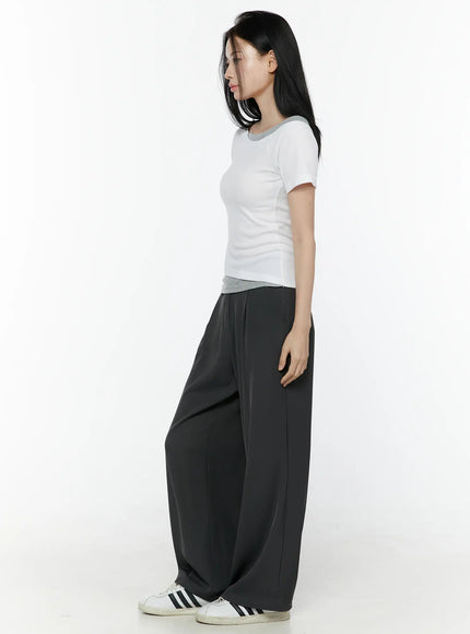 Hidden Buckle Wide Leg Tailored Pants IL506 Dark gray side profile full-length model shot with model looking down showing wide-leg volume and drape