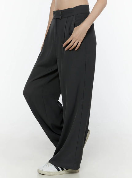 Hidden Buckle Wide Leg Tailored Pants IL506 Dark gray side-view model shot highlighting wide-leg silhouette, pleat drape and full leg length