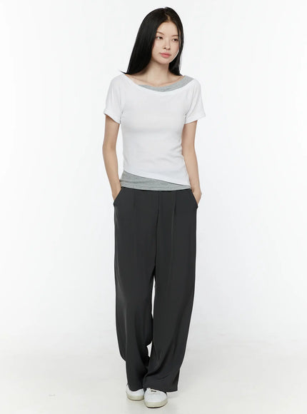 Hidden Buckle Wide Leg Tailored Pants IL506 Dark gray full-length front model shot with hands at sides showing relaxed wide-leg drape and white sneakers