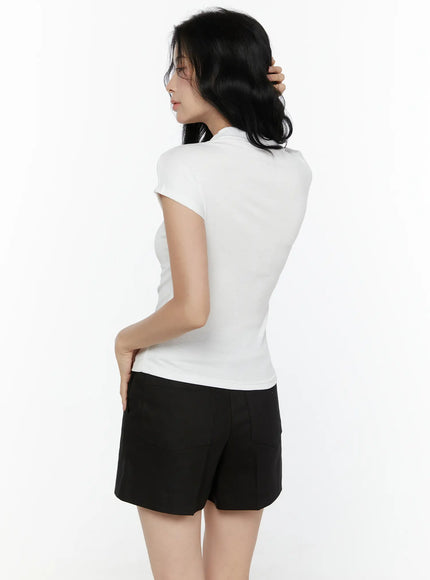 High Neck Cap Sleeve Top CL521 White back view on model showing clean ribbed back mock neck and fitted body-skimming cut
