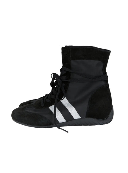 High Top Sneakers CL527 Black product side flat shot single shoe, black nylon upper with silver metallic stripe detail and black laces