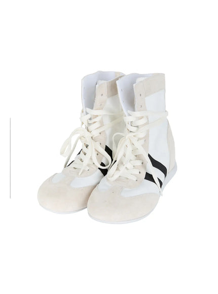 High Top Sneakers CL527 White product flat shot pair angled view, boxing boot silhouette with cream laces and black double stripe