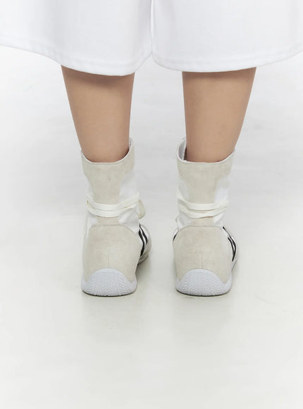 High Top Sneakers CL527 White back close-up on model both feet, suede heel counter and white rubber outsole tread visible