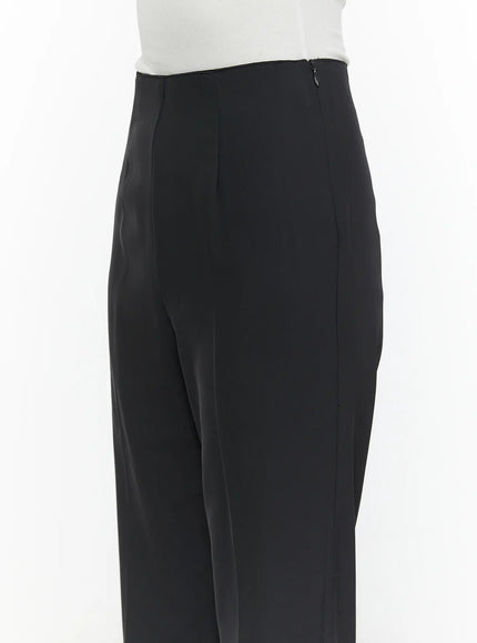 High-Waist Bootcut Tailored Pants CL520 Black close-up side detail shot showing high waist construction and back zipper on model