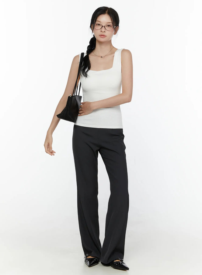 High-Waist Bootcut Tailored Pants CL520 Dark gray full-length front styling shot on model with black tote bag and flat shoes