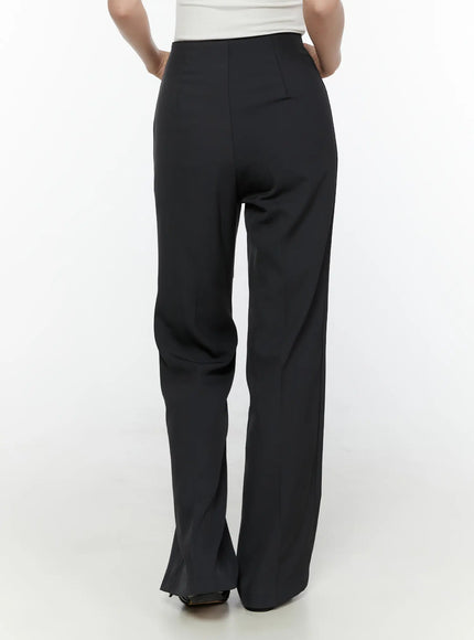 High-Waist Bootcut Tailored Pants CL520 Dark gray back view on model showing high waist seam and wide-leg bootcut silhouette