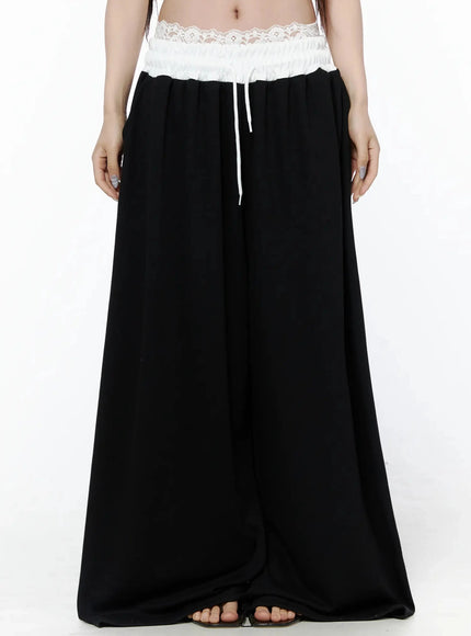 LEWKIN High-Waist Lace Wide Leg Sweatpants IL506 Black M/L front model shot cropped waist-down view white lace waistband with drawstring