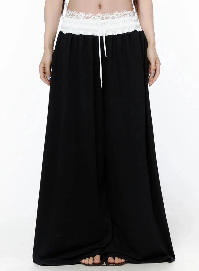 LEWKIN High-Waist Lace Wide Leg Sweatpants IL506 Black M/L front model shot cropped waist-down view white lace waistband with drawstring