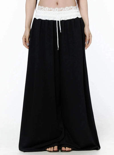 LEWKIN High-Waist Lace Wide Leg Sweatpants IL506 Black M/L front model shot cropped waist-down view white lace waistband with drawstring
