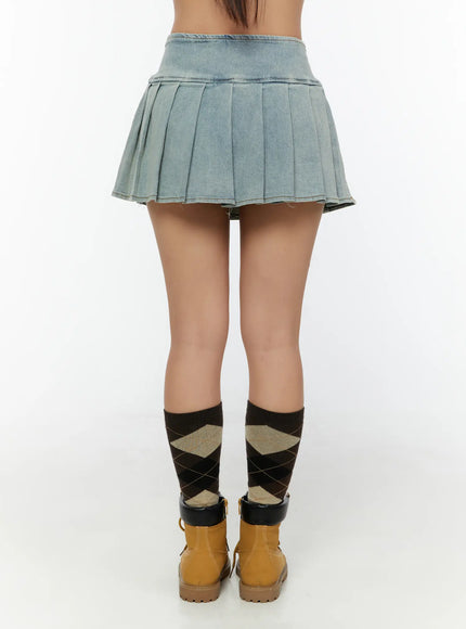 High-Waist Pleated Denim Mini Skirt CU529 Light blue back view on model showing pleated skirt hem and washed denim finish