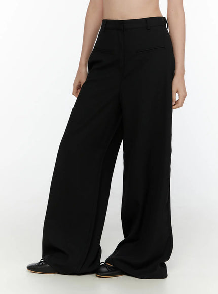 High-Waist Wide Leg Tailored Pants (Black) CL520 Black back view on model showing smooth waistband, back welt pockets, and wide-leg silhouette with black ballet flats