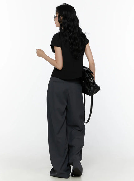 High-Waist Wide Leg Tailored Pants (Dark Gray) CL520 dark gray back full-length model shot with black top and bag showing trouser silhouette from behind