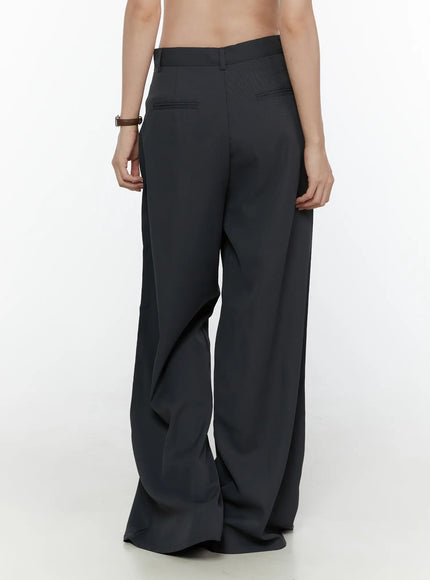 High-Waist Wide Leg Tailored Pants (Dark Gray) CL520 dark gray back close-up on model showing back welt pockets high waistband and wide flared hem