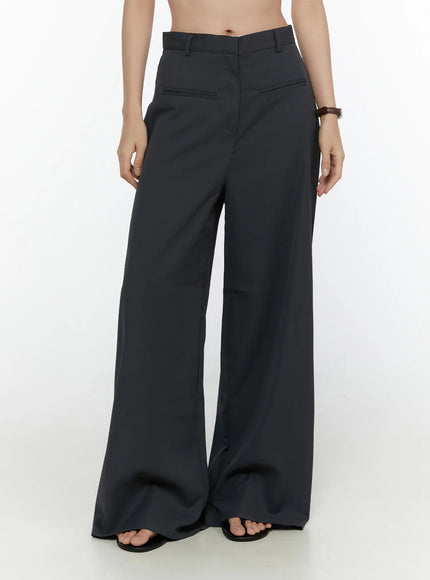 High-Waist Wide Leg Tailored Pants (Dark Gray) CL520 dark gray front close-up on model showing high waist slit front pockets and wide-leg tailored fit
