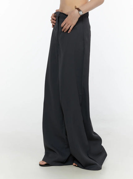 High-Waist Wide Leg Tailored Pants (Dark Gray) CL520 dark gray side shot full-length on model hands on waist showing trouser drape and leg length