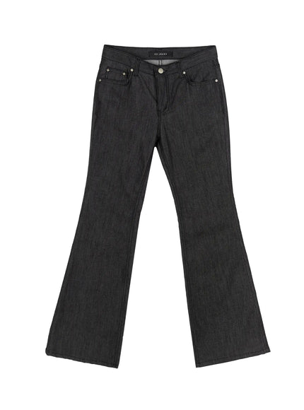 Hina No-Fade Bootcut Flared Jeans IL524 Black flat-lay front view showing full bootcut flared silhouette five-pocket design silver button and GO JEANS label