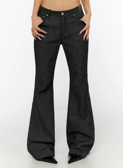 LEWKIN Hina No-Fade Bootcut Flared Jeans IL524 Black front close-up on model hands in pockets showing low-rise waist silver button and denim texture