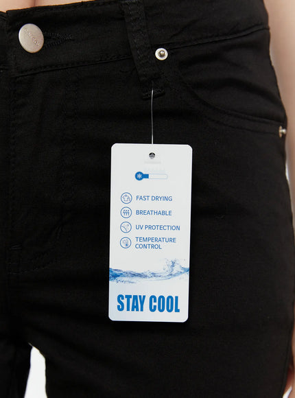 Hip-Pad Capri Pants CL507 Black close-up detail of Stay Cool care tag showing fast drying breathable UV protection and temperature control features
