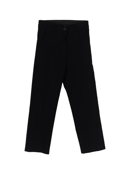 Hip-Pad Capri Slacks IU525 Black flat-lay front view showing full-length cropped straight-leg silhouette with button closure and belt loop waistband