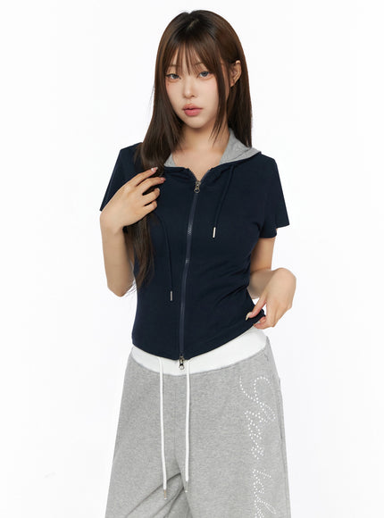 Hooded Short Sleeve Zip-Up IL515 in Dark blue, size S/M