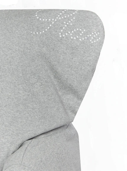 Hooded Short Sleeve Zip-Up IL515 Gray close-up detail of hood showing white star rhinestone print pattern on heathered cotton fabric