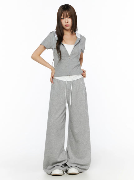Hooded Short Sleeve Zip-Up IL515 Gray full-body front view on model standing straight with half-zip open showing white inner layer