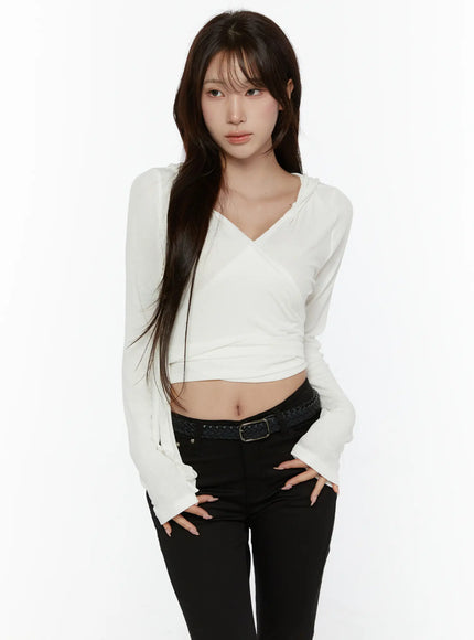 Hooded Wrap Crop Cardigan CL507 in White, size S/M