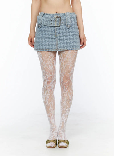 LEWKIN Houndstooth Denim Mini Skirt with Belt CL501 Blue front shot on model standing upright showing houndstooth jacquard denim fabric with silver buckle belt detail size M