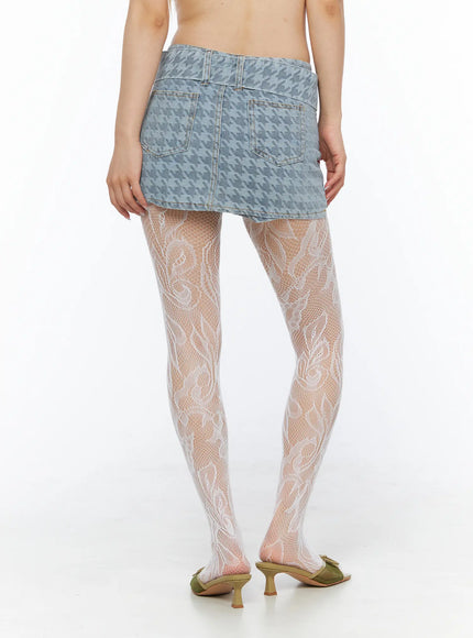 Houndstooth Denim Mini Skirt with Belt CL501 Blue back shot on model showing dual back pockets houndstooth jacquard denim fabric and contrast stitching with white lace tights