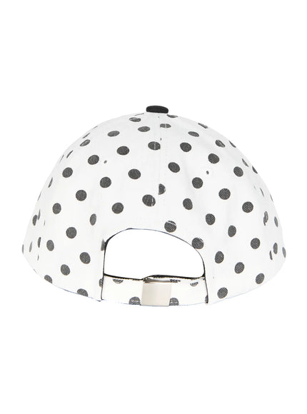 Hudson Ball Cap IL503 white black back hanger shot rear view polka dot crown adjustable metal snapback closure open back detail