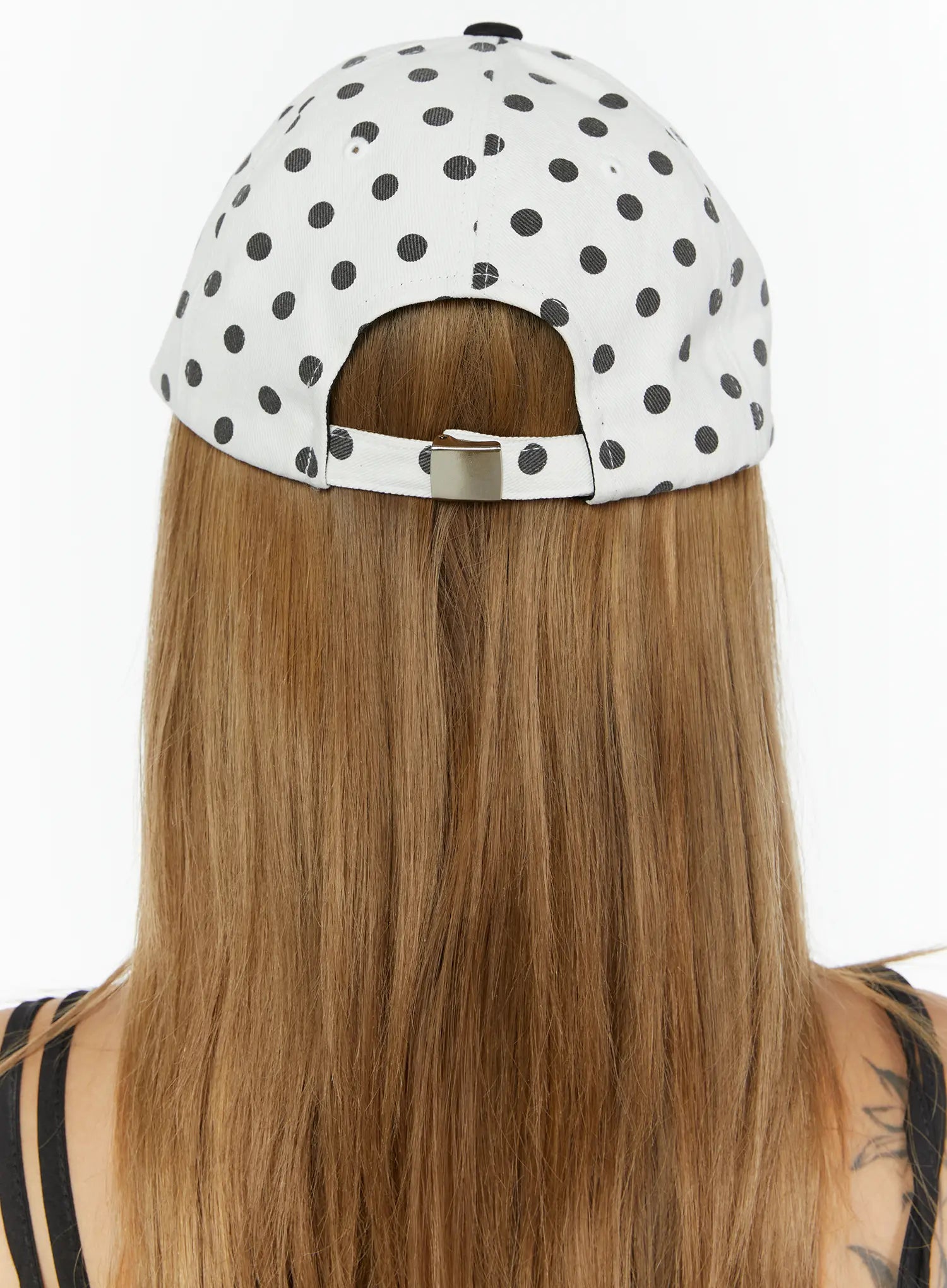 Hudson Ball Cap IL503 white black back model shot rear view polka dot crown metal snapback adjuster worn on model showing ponytail opening
