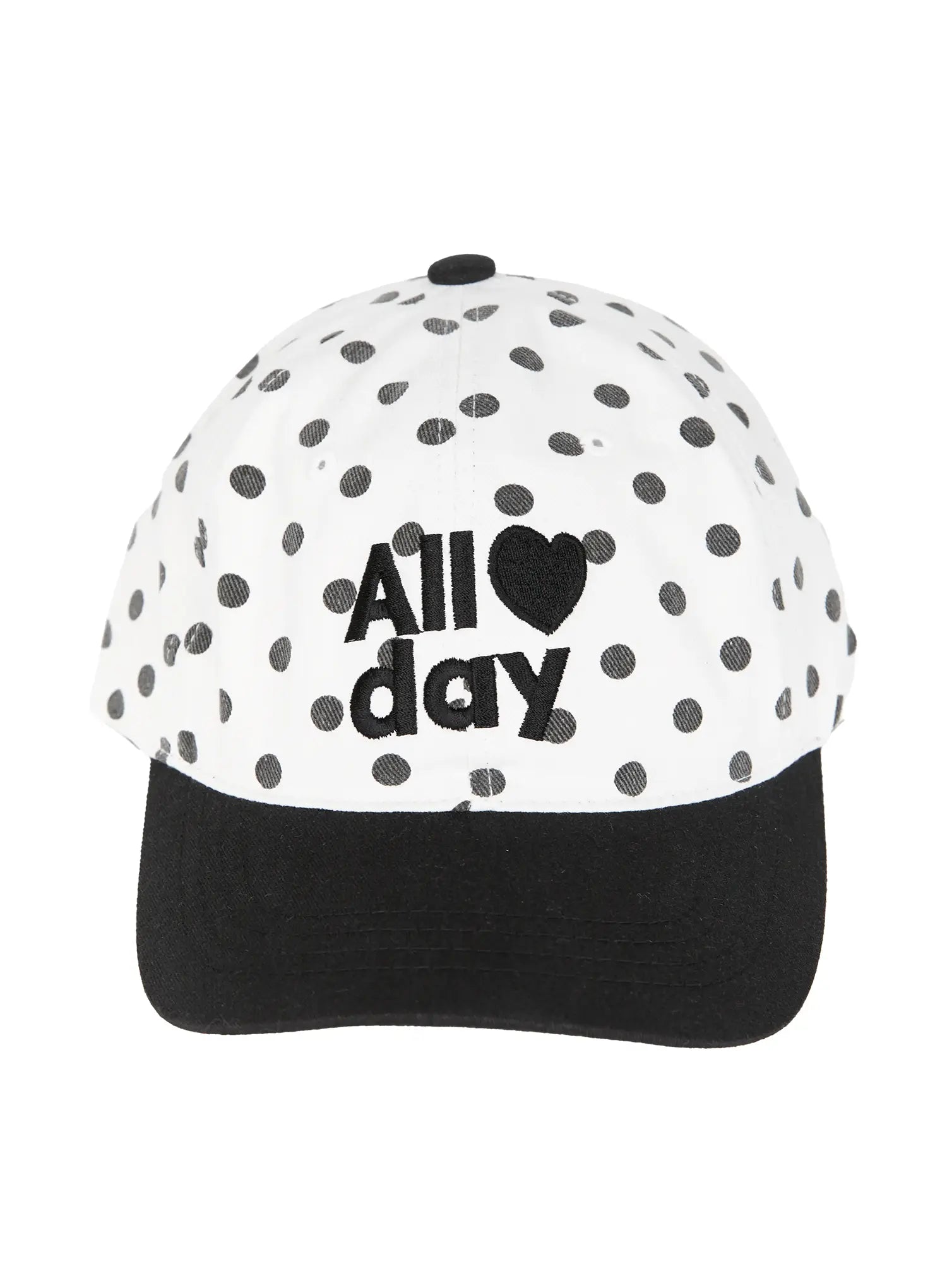 Hudson Ball Cap IL503 white black front hanger shot polka dot crown centered All day heart embroidery black contrast brim flat product view